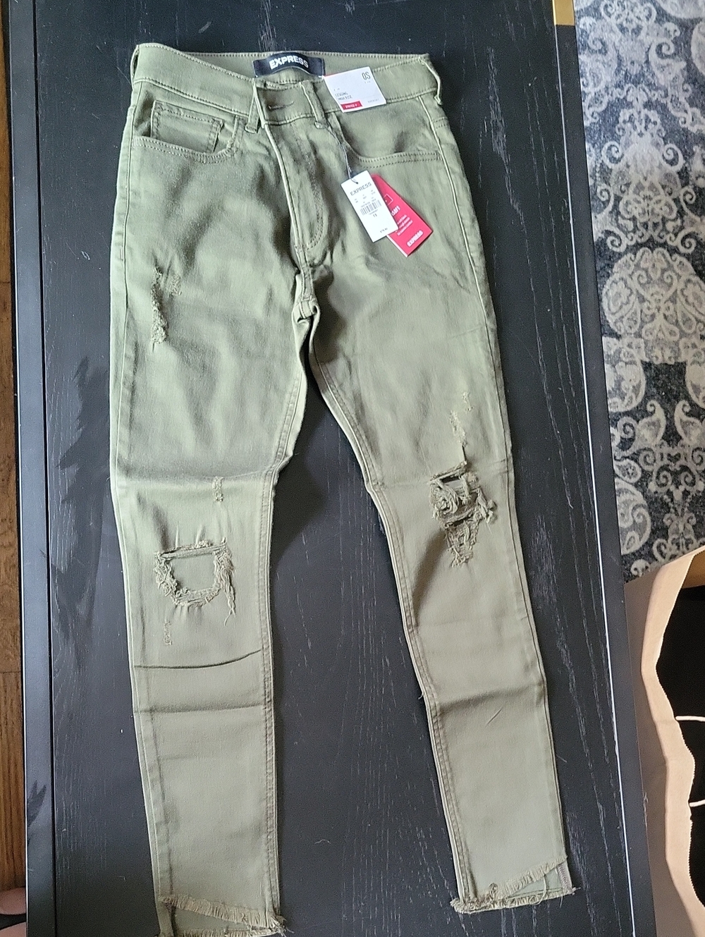 Express Olive Green Ripped Skinny Jeans
